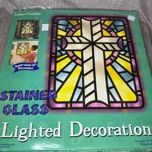 Vintage 22in Lighted Stained Glass Cross Window Decoration 2001 Easter